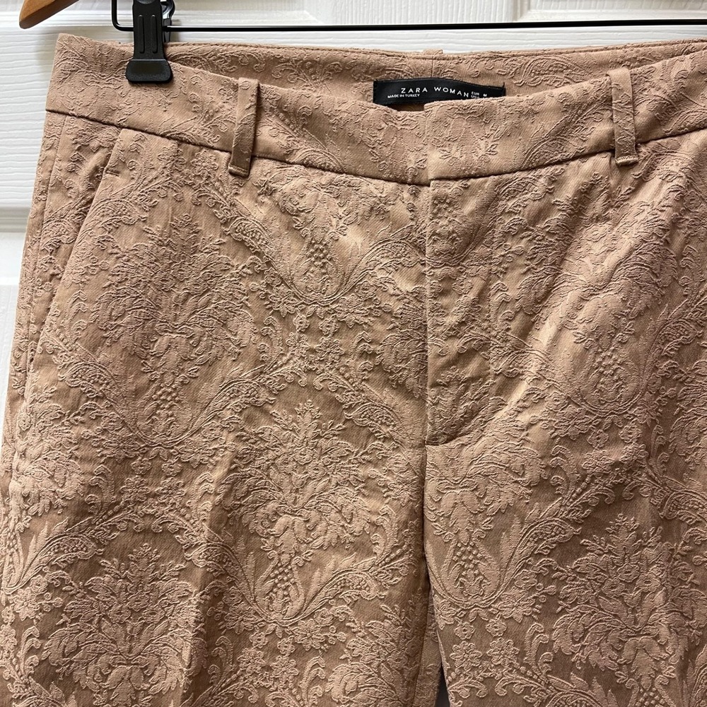 Zara Woman Women's Medium Khaki‎ Jacquard Straight Leg Ankle Pant Party
